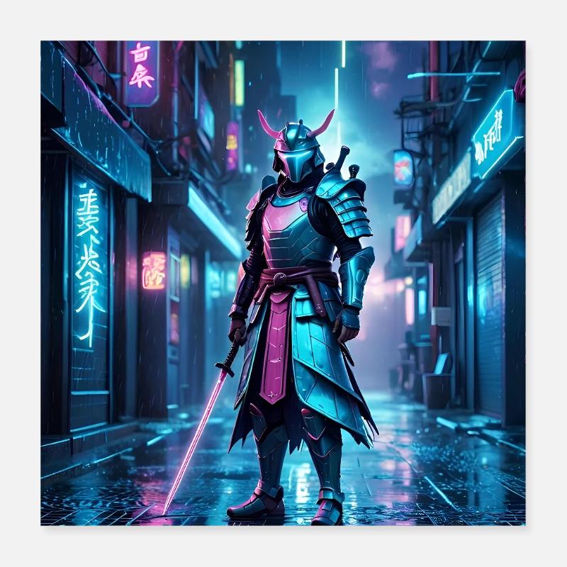 Néon Samouraï de la Nuit Poster 40 x 40 cm