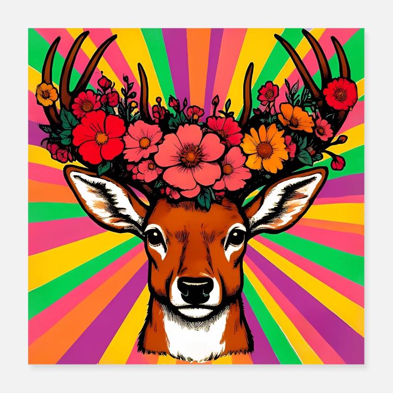 Hirsch mit Blumen Poster 40x40 cm