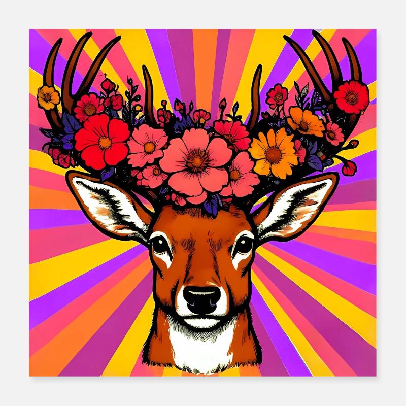 Hirsch mit Blumen Poster 40x40 cm