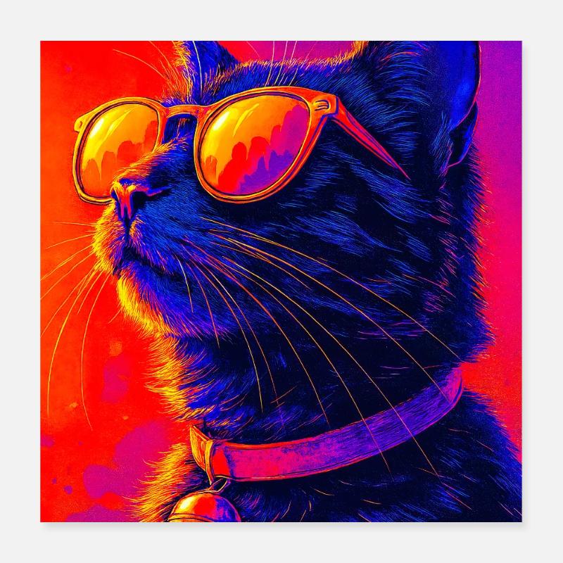 Chat néon vibrant avec lunettes de soleil Poster 40 x 40 cm