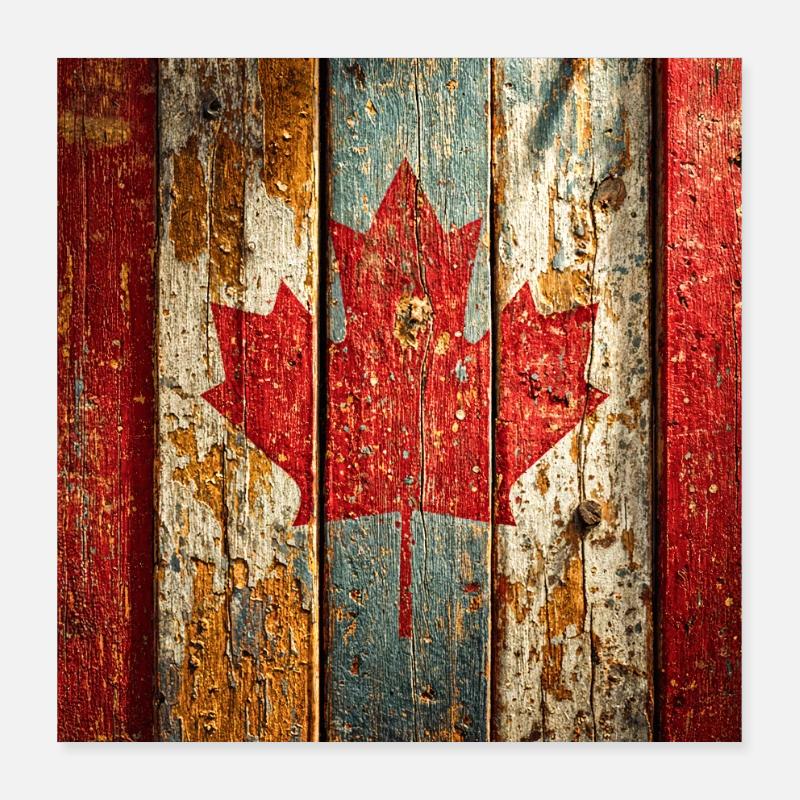 Drapeau rustique en érable sur bois patiné, drapeau canadien Poster 40 x 40 cm