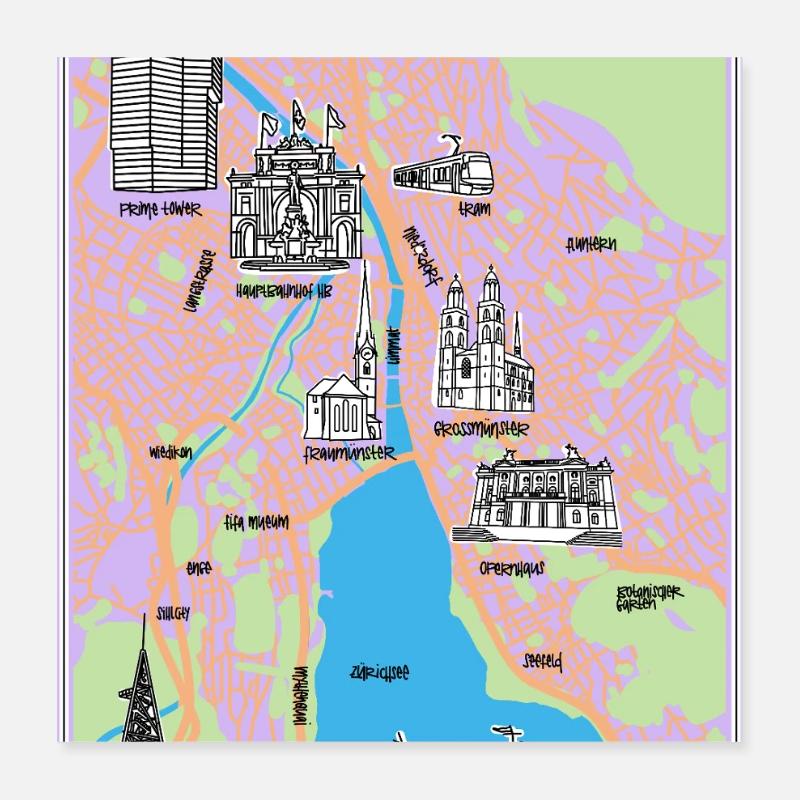 Ville de Zurich Poster 40 x 40 cm