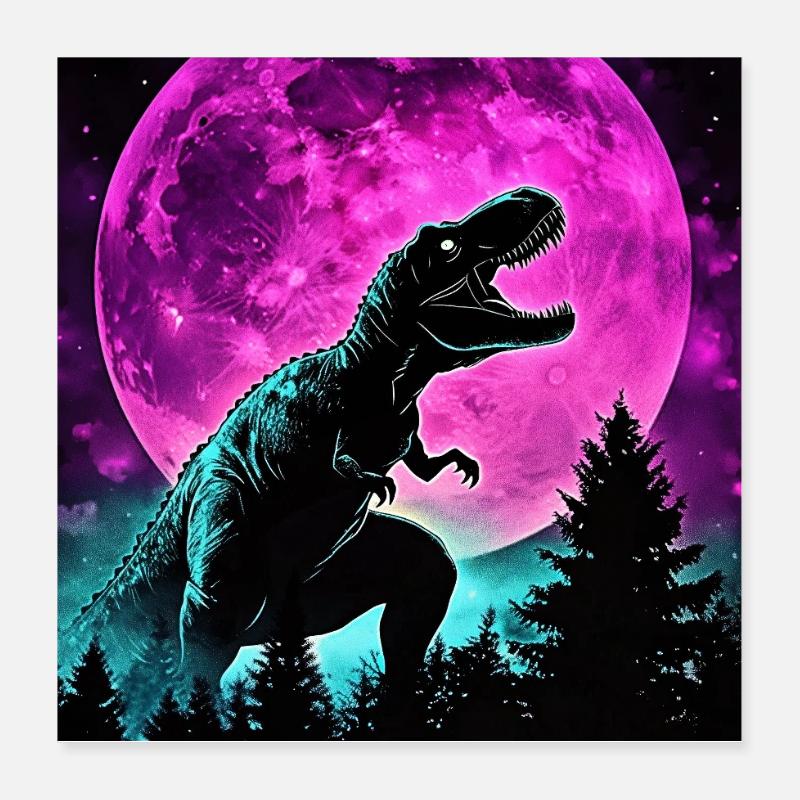 Silhouette de lune néon T-Rex de nuit Poster 40 x 40 cm