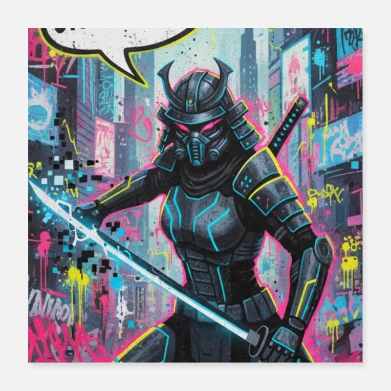 Cyber samouraï Néon Graffiti Poster 40 x 40 cm