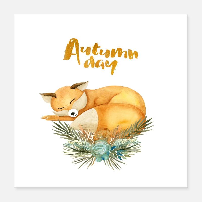Herbstliche Waldbewohner - schlafender Fuchs - Poster 40x40 cm - Weiß
