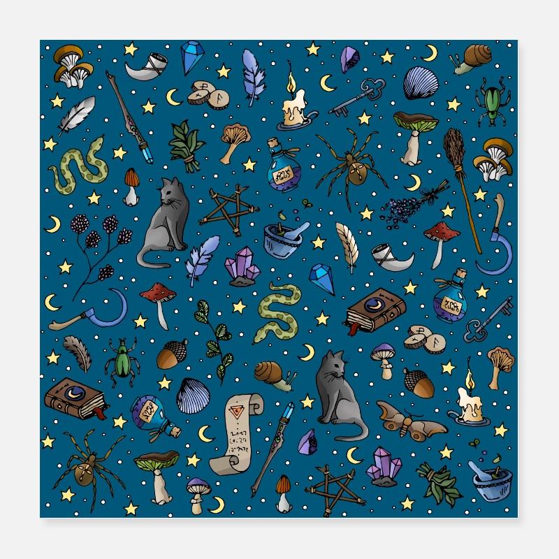 Witch Item Collage Design - handgezeichnete Grafik Poster 40x40 cm