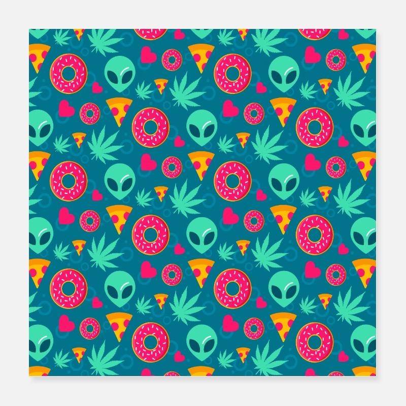 Alien pizza cannabis donut heart pattern Poster 16" x 16" (40x40 cm)