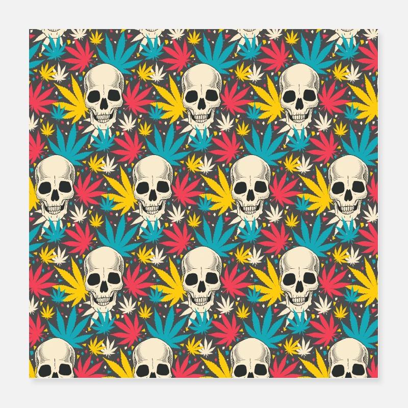 Totenkopf Schädel Cannabis Gras buntes Muster - Poster 40x40 cm - Weiß