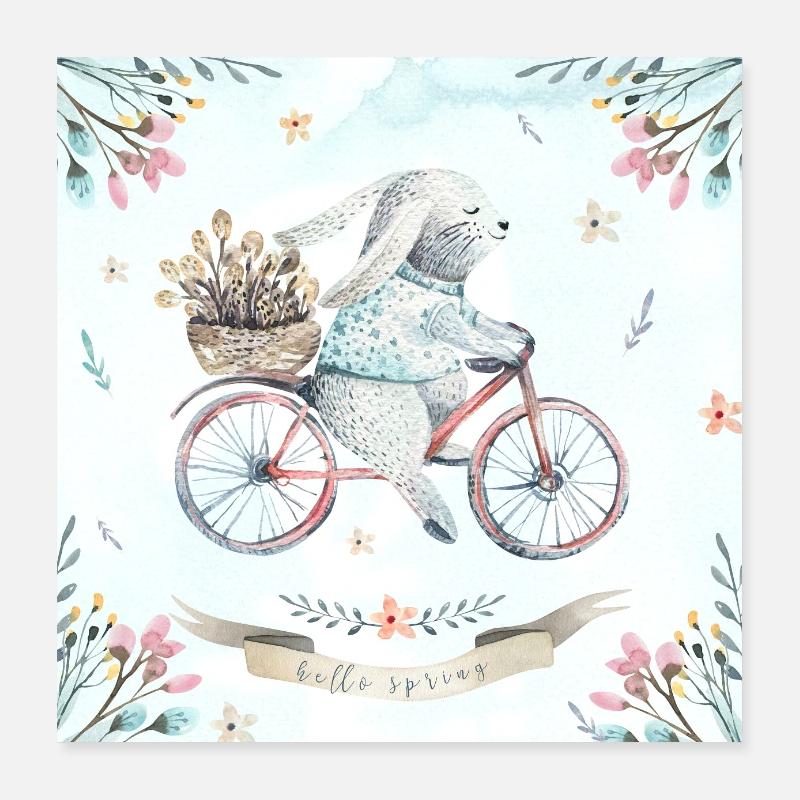 Hello Spring - Lapin sur vélo Poster 40 x 40 cm