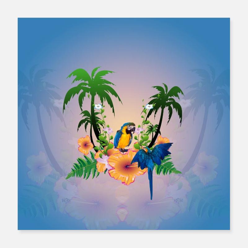 Tropical design with palm trees and parrot. Poster 16" x 16" (40x40 cm)
