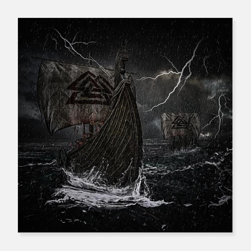 Viking ships Valknut storm lightning gift Poster 16" x 16" (40x40 cm)