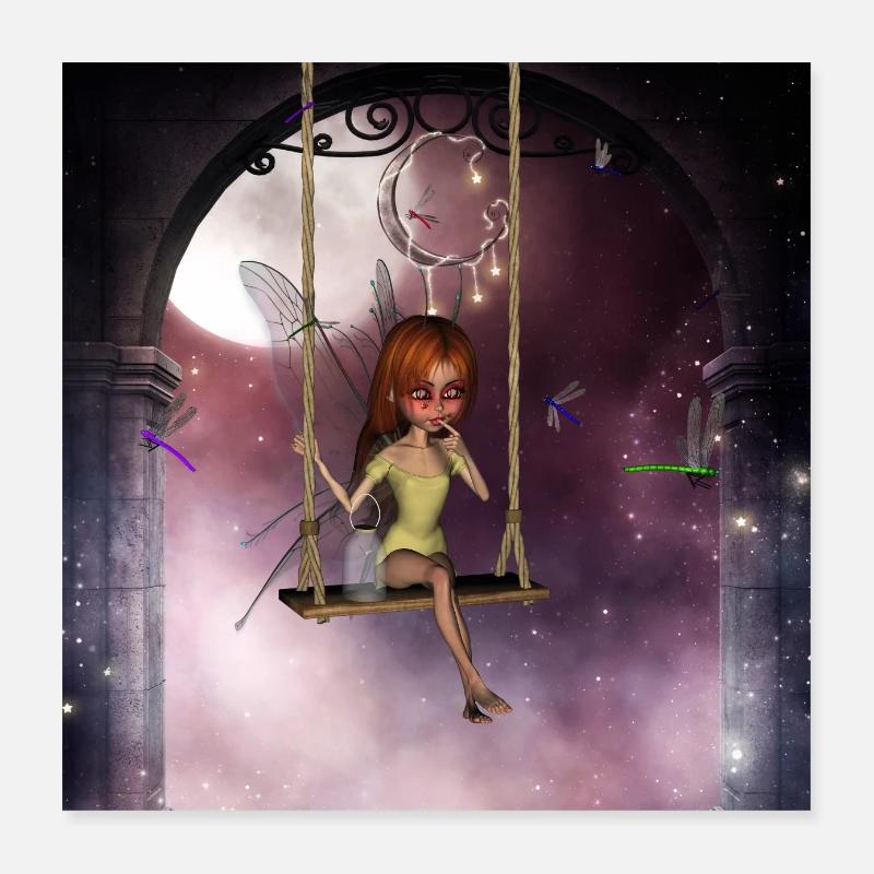 Kleine Fee auf einer Schaukel mit Libelle Poster 40x40 cm