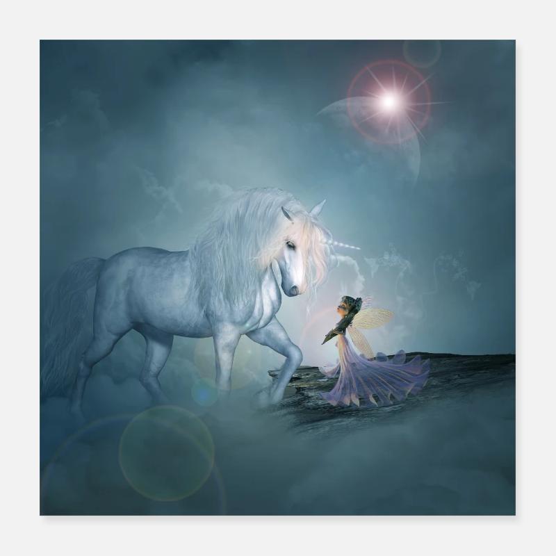 Wunderbares Einhorn mit Fee Poster 40x40 cm