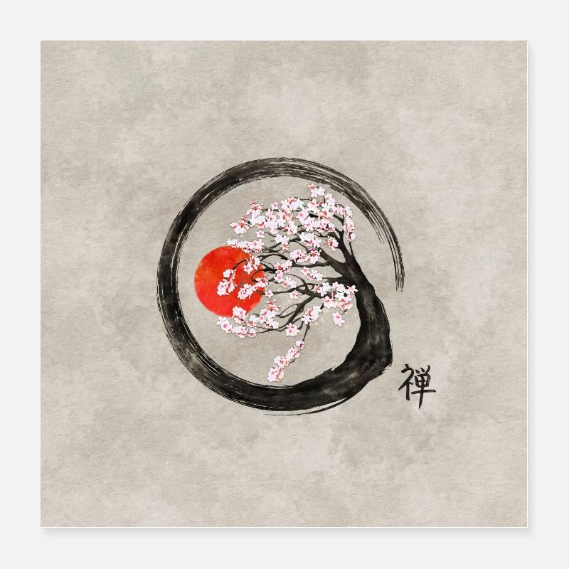 Zen Enso Circle e Sakura Tree on Canvas - Poster 40x40 cm - bianco