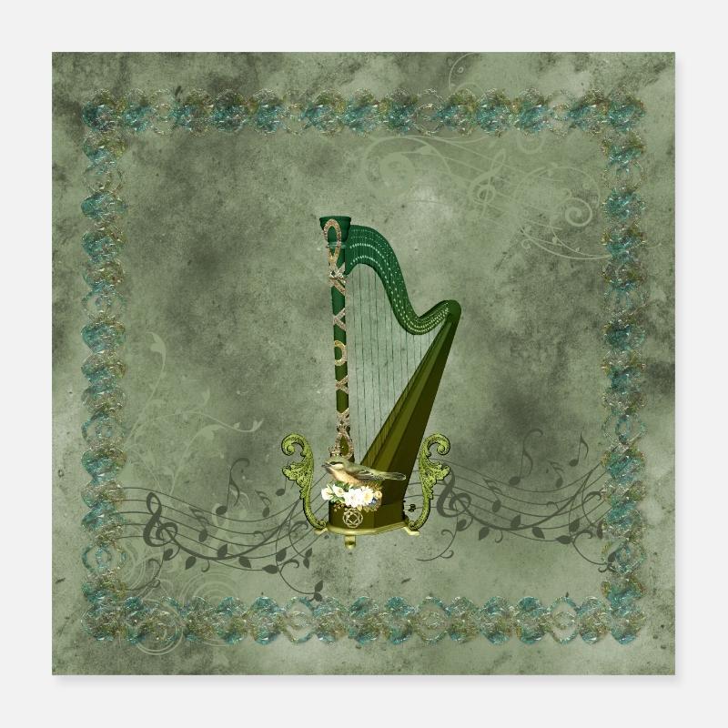Harpe celtique avec noeud celtique et fleurs avec oiseau Poster 40 x 40 cm