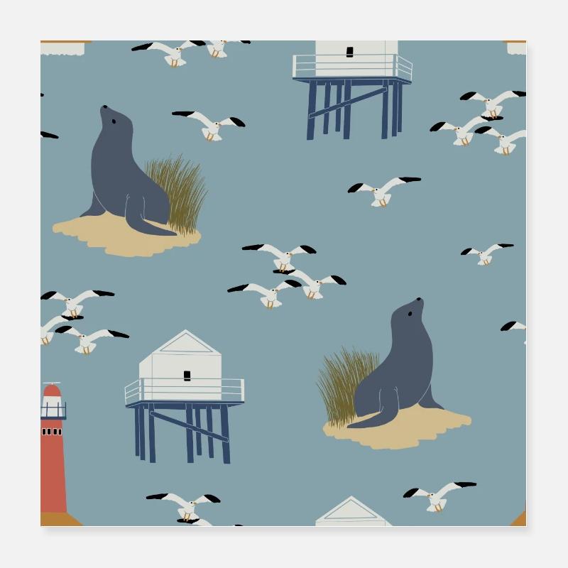 Frisian Islands beach pattern with seals Poster 16" x 16" (40x40 cm)