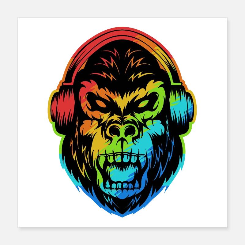 Angry Gorilla Kopfhörer bunt Poster 40x40 cm