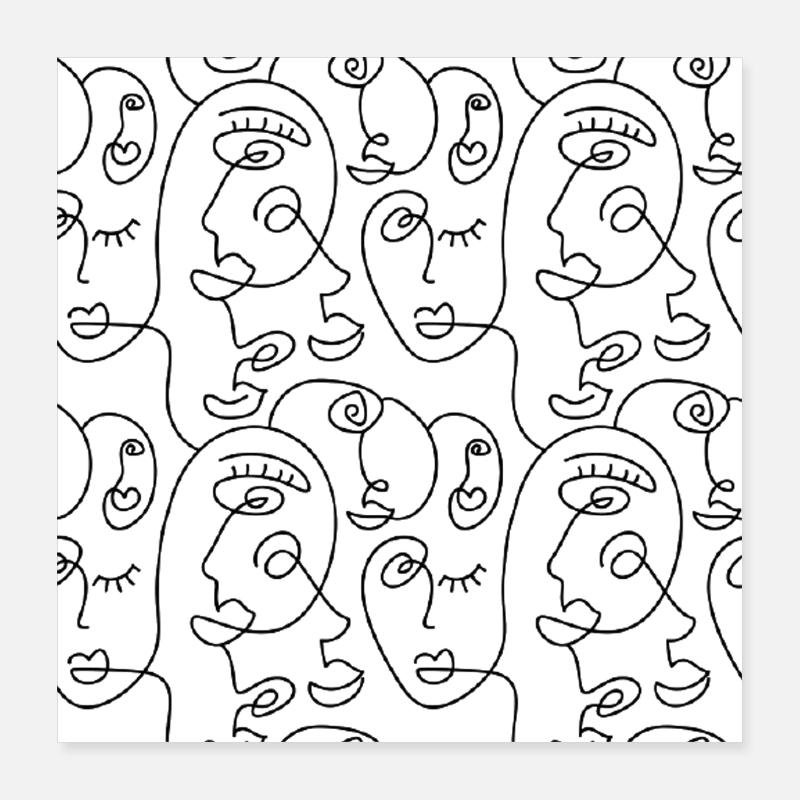 Pencil Line Art, Abstract Faces Poster 16" x 16" (40x40 cm)