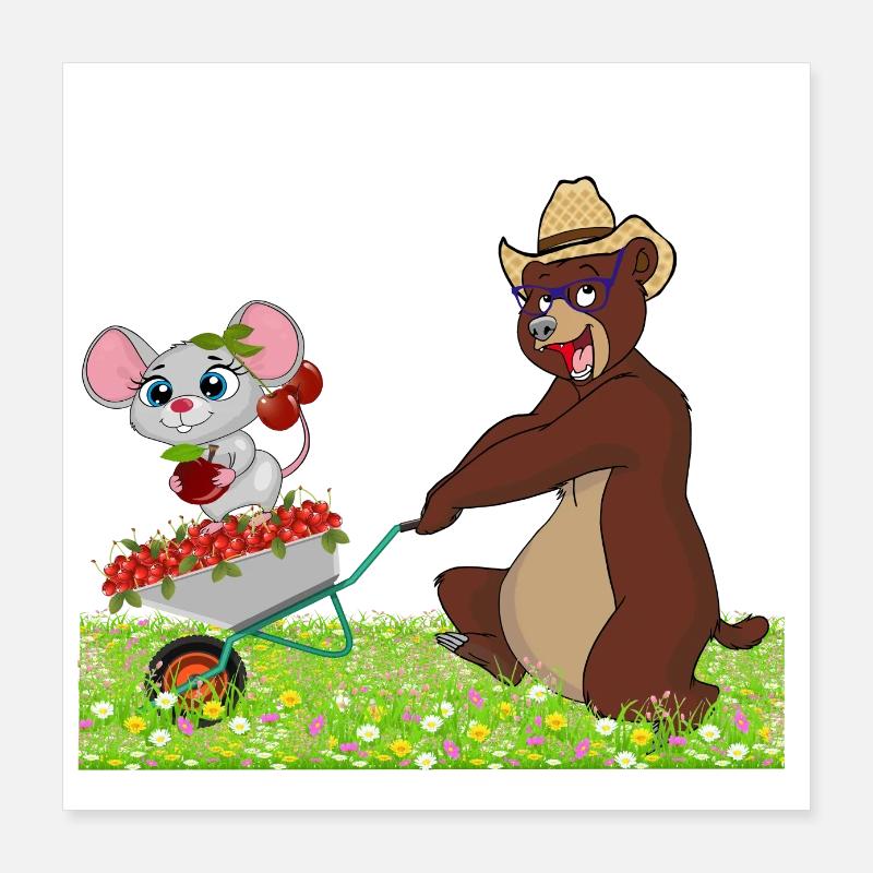 Lustiger Bär mit Maus auf einer Schubkarre Poster 40x40 cm