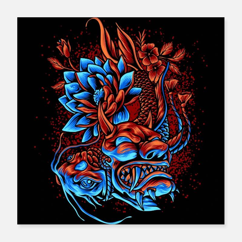 Démon japonais et koi carpes avec fleurs oni Poster 40 x 40 cm