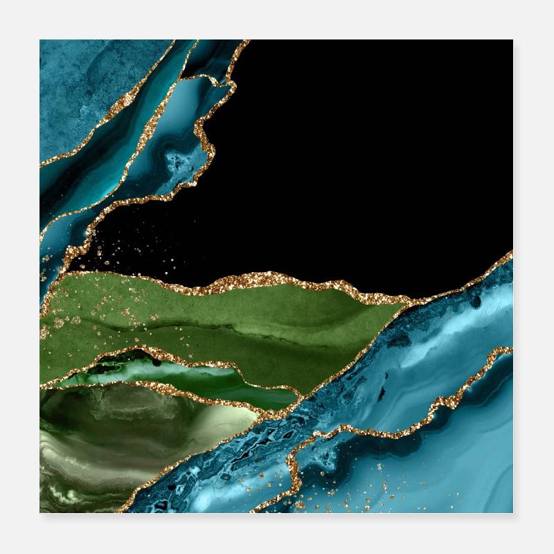 Blue Green Agate Gold Glitter Geode Texture Poster 16" x 16" (40x40 cm)