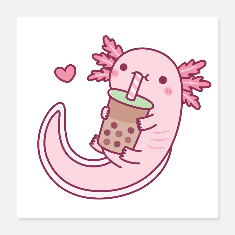 Cute Axolotl Loves Drinking Bubble Tea Poster 16" x 16" (40x40 cm)