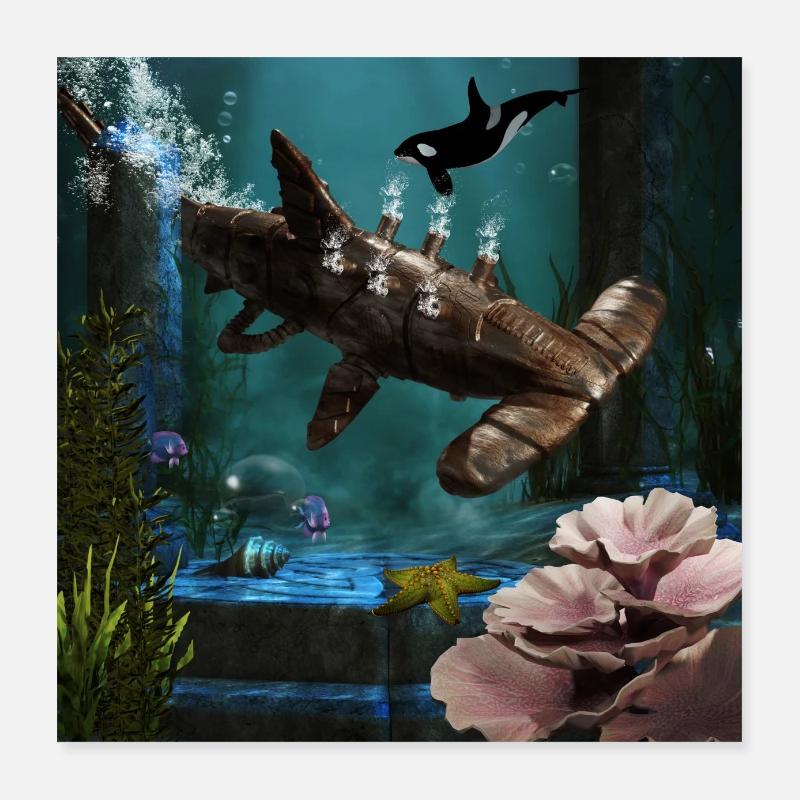 Awesome steampunk hammerhead shark Poster 16" x 16" (40x40 cm)