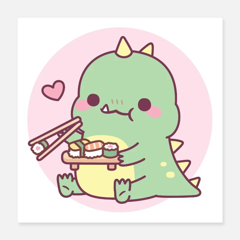 Mignon dinosaure vert aime les sushis Poster 40 x 40 cm