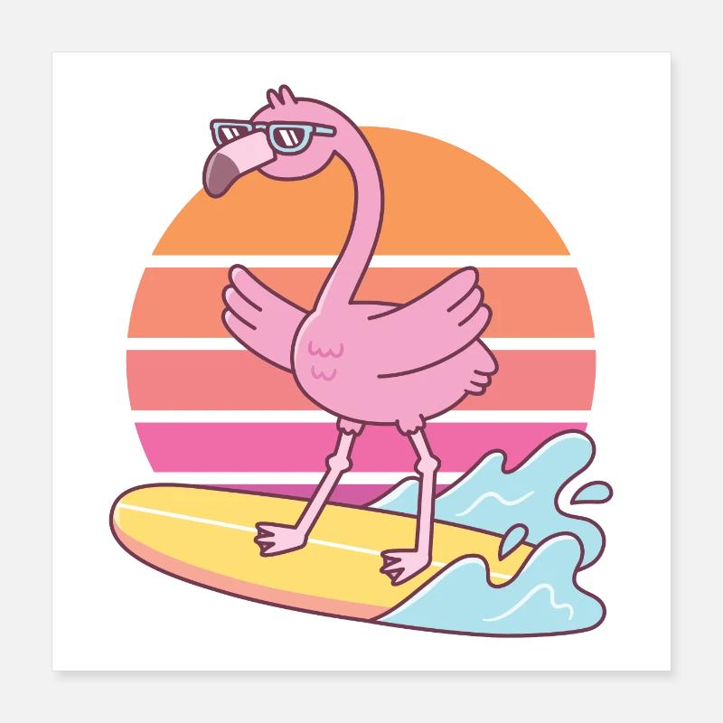 Funny Flamingo Surfing On Surfboard Sunset Poster 16" x 16" (40x40 cm)