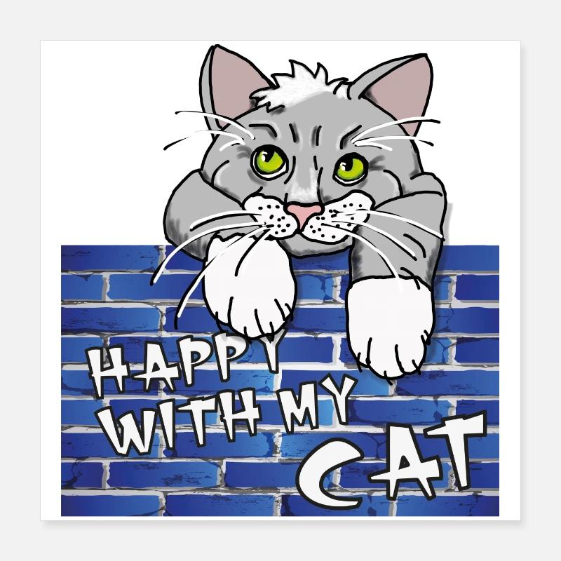 Süßes Katzenmotiv - Mauer mit Kater im Comicstyle Poster 40x40 cm