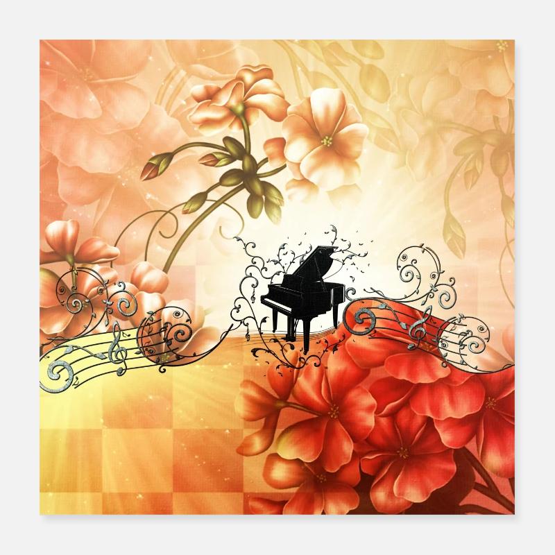 Merveilleuses fleurs avec piano et notes clés. Poster 40 x 40 cm