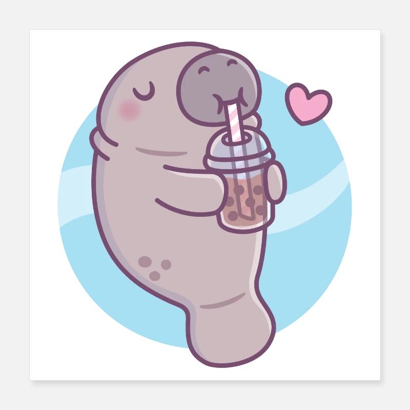 Cute Manatee Loves Drinking Bubble Tea - Poster 16" x 16" (40x40 cm) - white
