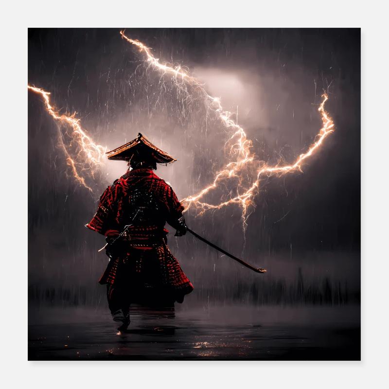 Japanese samurai in the water during thunderstorms Poster 16" x 16" (40x40 cm)