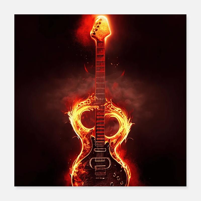 Heavy Metal E Gitarre mit Flammen Version 3 - Poster 40x40 cm - Weiß