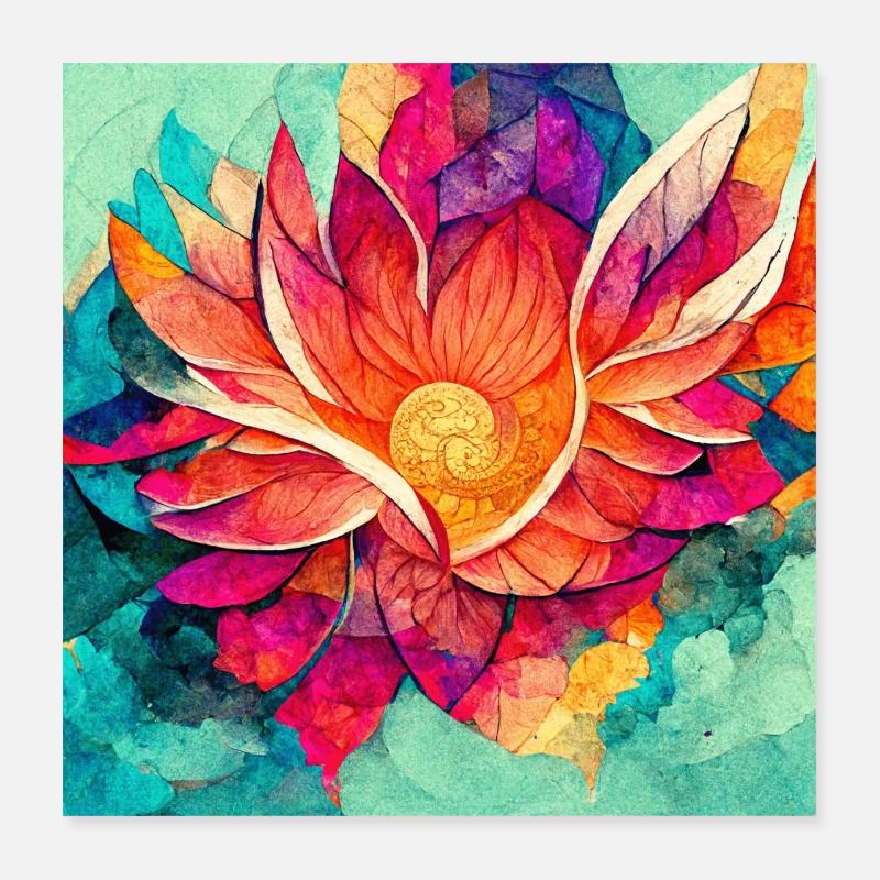 Bunte Mandala Blume Version 7 - Poster 40x40 cm - Weiß