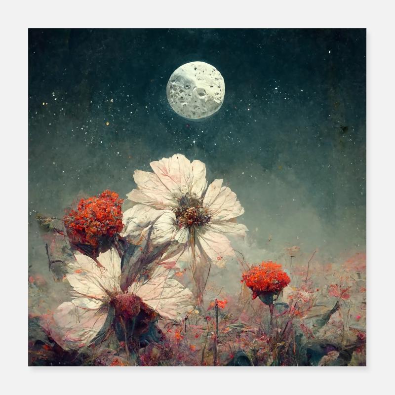 Blomster før fuldmåne - Poster 40x40 cm - hvid