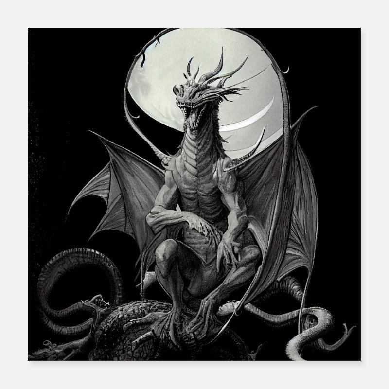 Dragon Poster Black and White Poster 16" x 16" (40x40 cm)