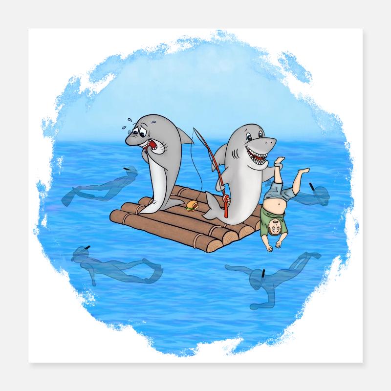 Requins sur radeau Poster 40 x 40 cm