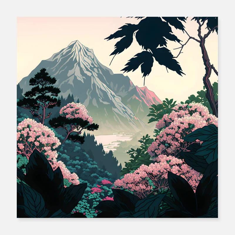 Ukiyo Landschaft Berge blumen Ukiyo-e - Poster 40x40 cm - Weiß