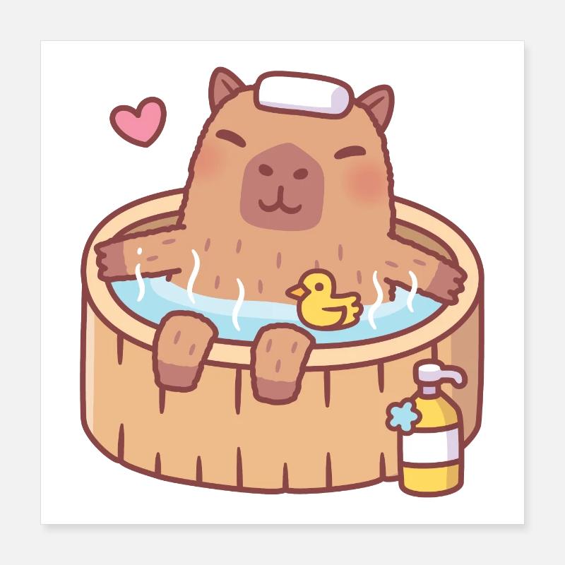 Mignon Capybara et Ducky se relaxant dans un bain chaud Poster 40 x 40 cm