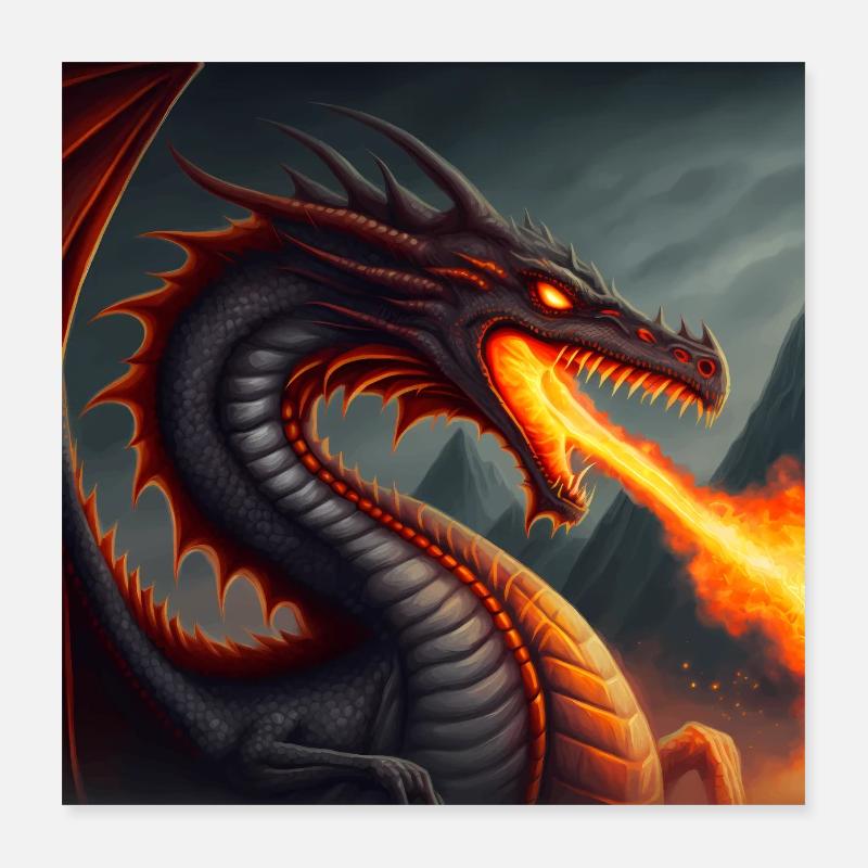 Mashup Flammender Drache feuerspeiender Drache Poster 40x40 cm