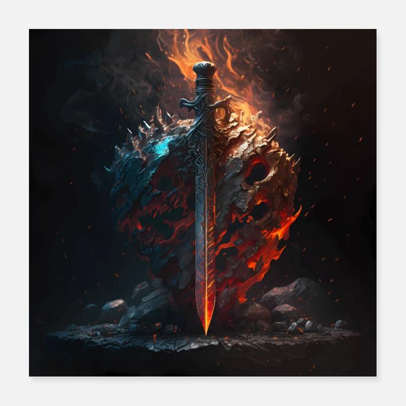 Flammendes schwert mit Stein Schild Poster 40x40 cm