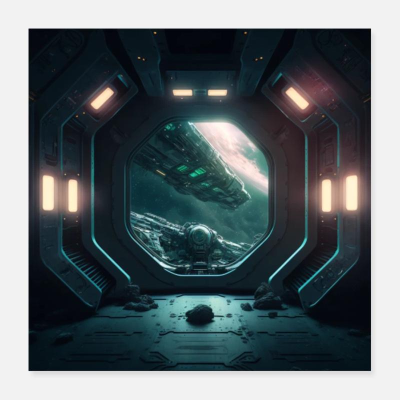 Spaceship floats in space Poster 16" x 16" (40x40 cm)