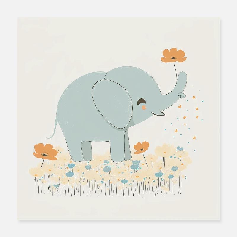 Éléphant bleu en fleurs Poster 40 x 40 cm