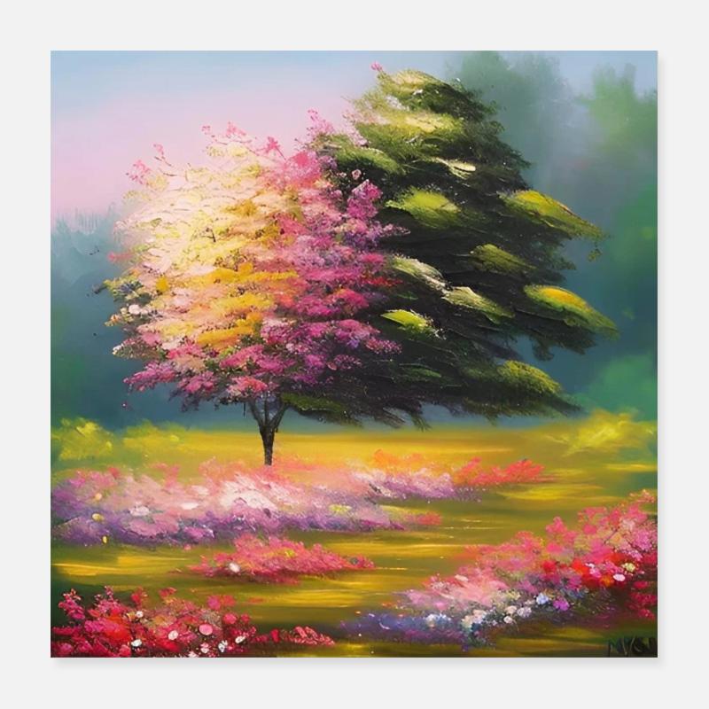 Fleurs Meadow Tree Aquarelle Nature colorée Art Poster 40 x 40 cm