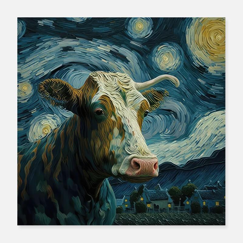 Cow Van Gogh Style Starry Sky Cool at Night Poster 16" x 16" (40x40 cm)