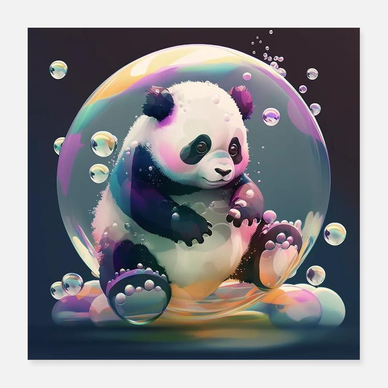 Cute panda bear plays with soap bubble poster Poster 16" x 16" (40x40 cm)