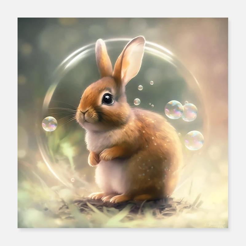 Cute baby rabbit playing with soap bubbles Poster 16" x 16" (40x40 cm)