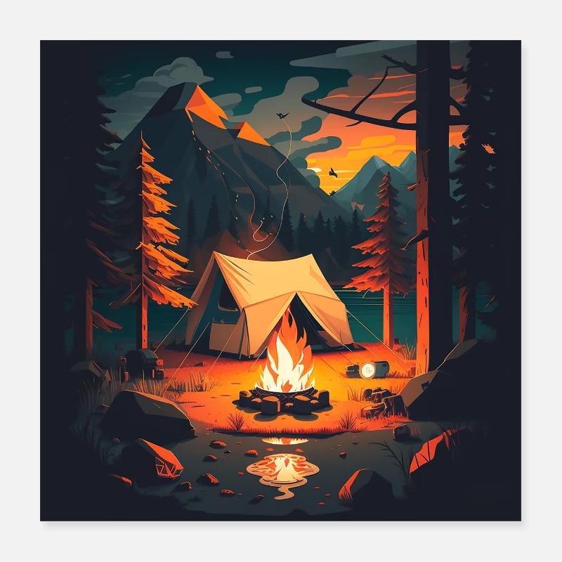 Camping Aventure Tente feu de camp Affiche forestière Poster 40 x 40 cm