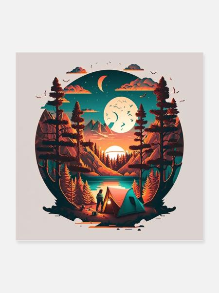 Camping am See vor Bergen Nachts Poster - Poster 40x40 cm - Weiß - Vorne